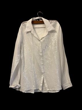 Katharine Barclay white, light weight, sequined front top, button down size L
